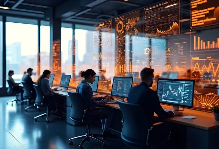 Advanced AV integration setup in a high-tech control room, featuring multiple screens displaying data and analytics for seamless collaboration