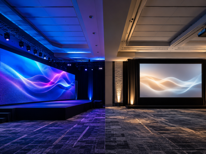 Professional live event production setup showcasing an LED video wall and projector screen in a modern conference environment.